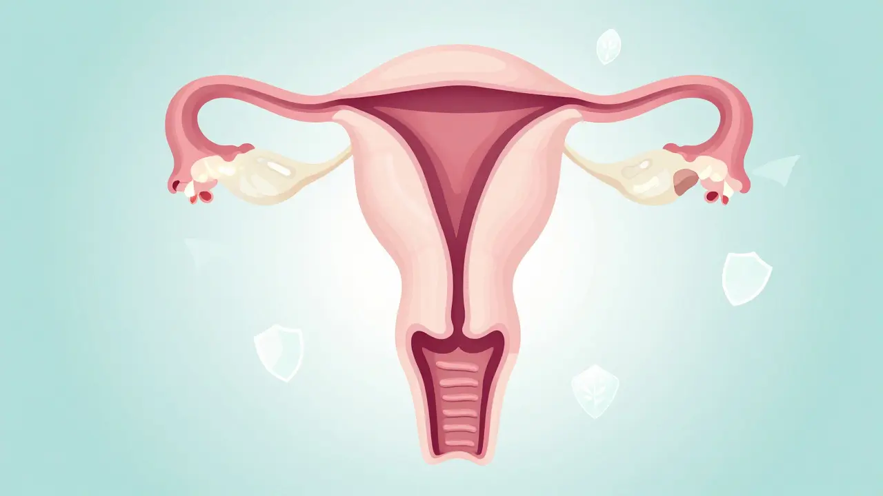 Umělecká ilustrace zdravé dělohy s důrazem na strukturní integritu a péči.
