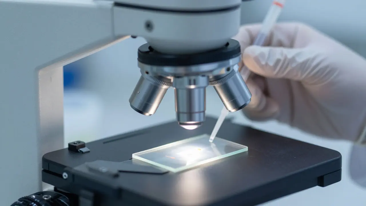 Záběr na mikroskop a sterilní nádobu v laboratoři při analýze semene