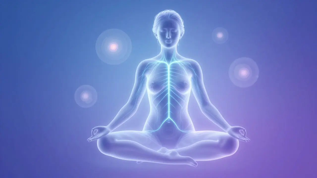 Abstraktní ilustrace hormonální rovnováhy a meditace
