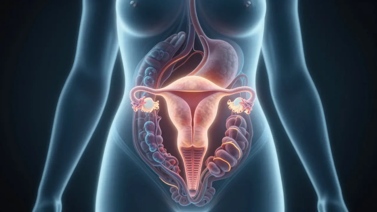 Abstraktní ilustrace kontrakce dělohy a hormonálních změn po porodu