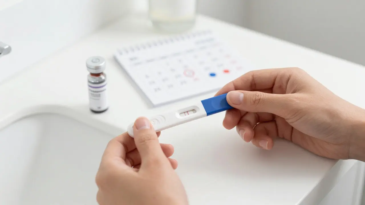Ruka držící pozitivní těhotenský test vedle léků na kalendáři