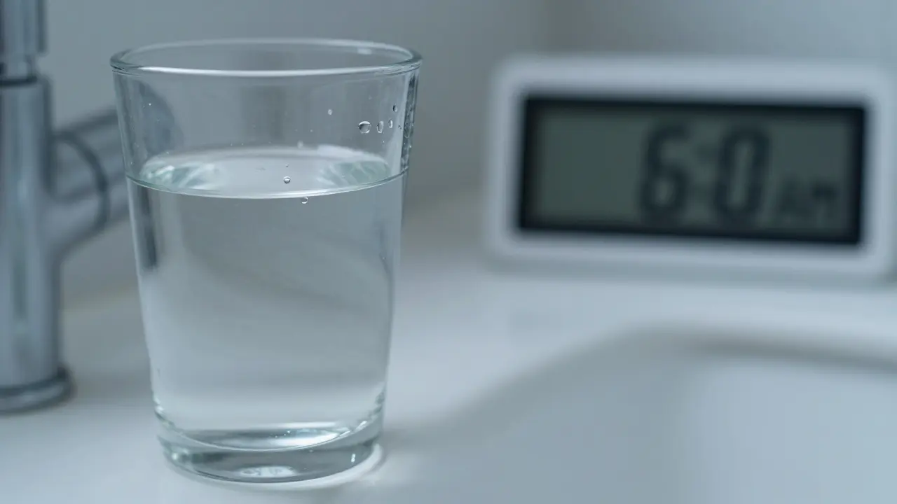 Sklenice vody na umyvadle ráno před provedením těhotenského testu