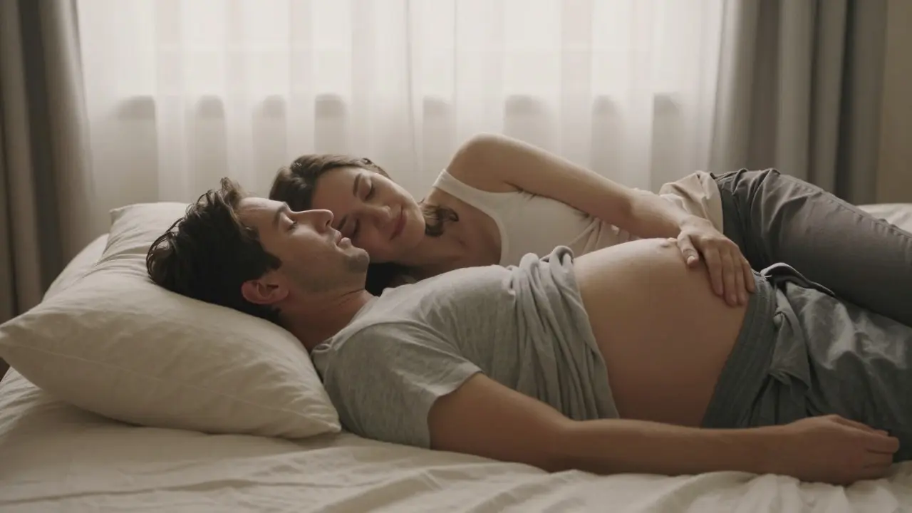 Těhotná žena a partner v polohování lžička pro pohodlný intimní kontakt.