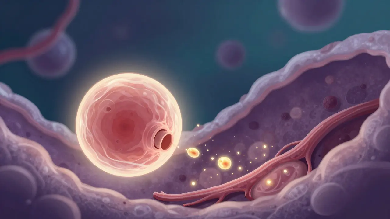 Umělecká vizualizace implantace embrya a uvolňování hormonů hCG