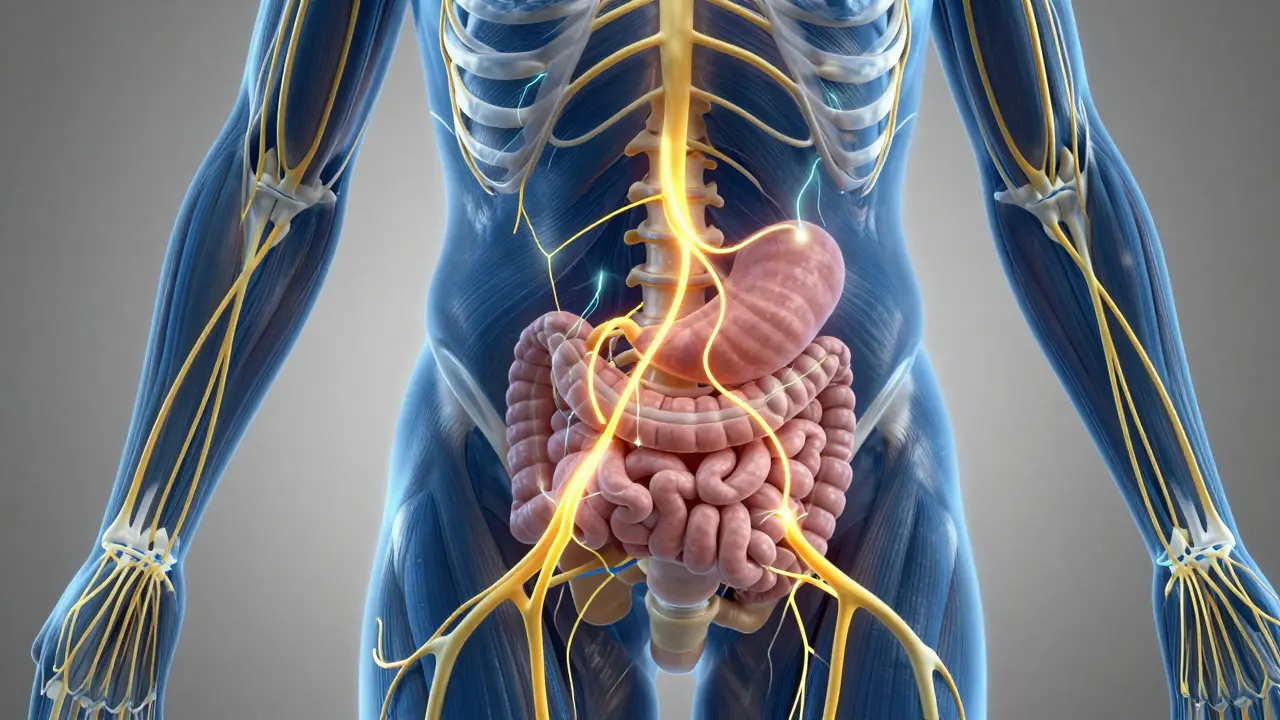Anatomická vizualizace nervové soustavy ukazující spojení mezi varlaty a žaludkem