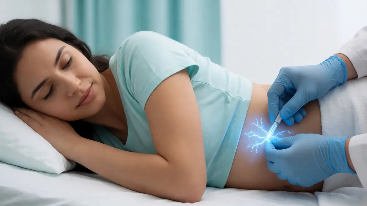 Anesteziolog zavádí epidurální katétr do zad rodící ženy