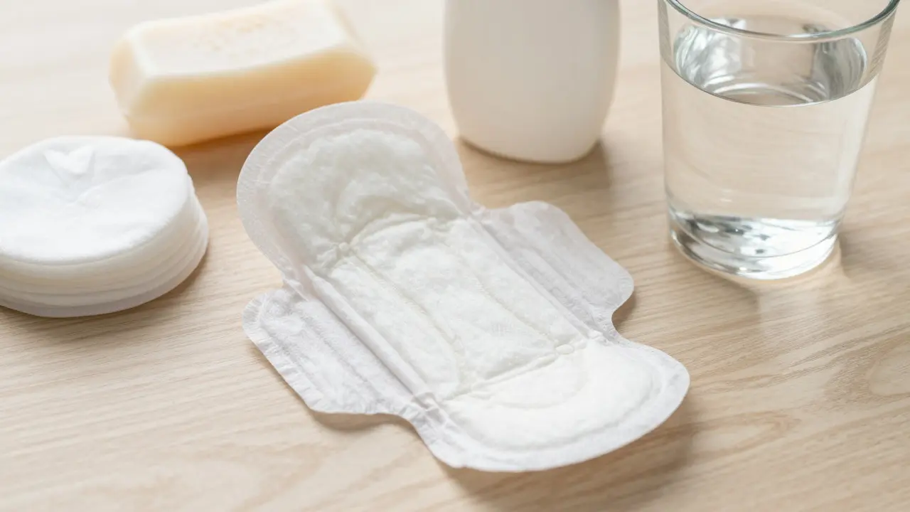 Hygienické potřeby pro péči po porodu na dřevěném povrchu