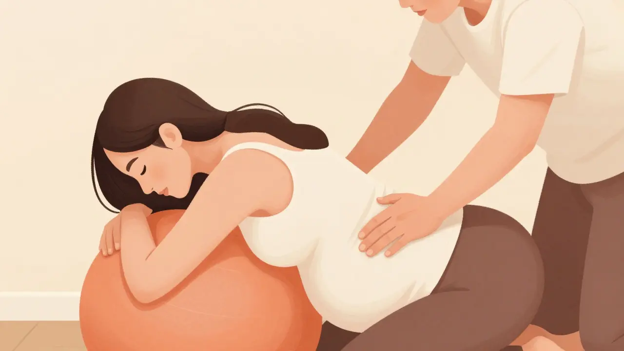 Partner masíruje záda těhotné ženě při přípravě