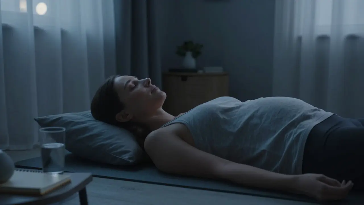 Žena meditující v klidné ložnici při měsíčním světle