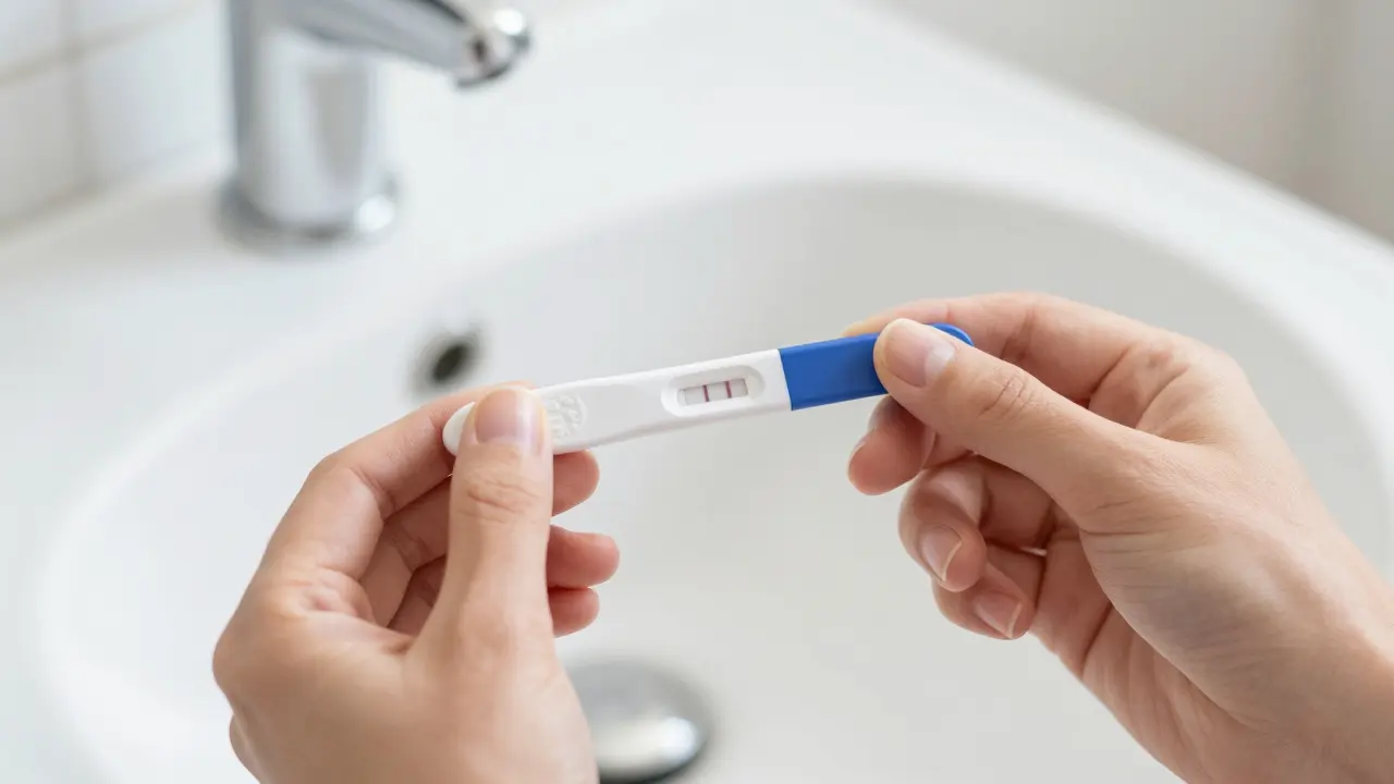 Ženské ruce drží pozitivní těhotenský test