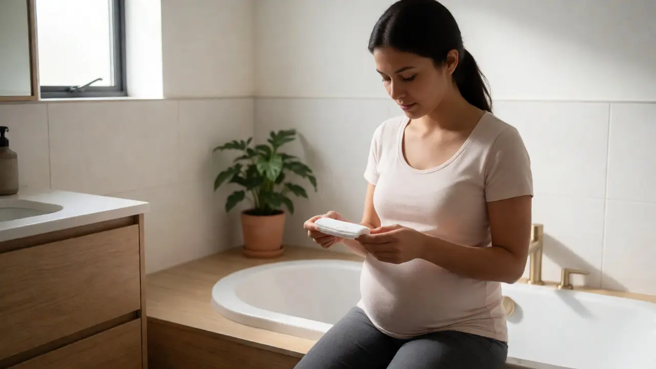 Budoucí maminka v koupelně zkoumá denní vložku jako součást hygienické péče