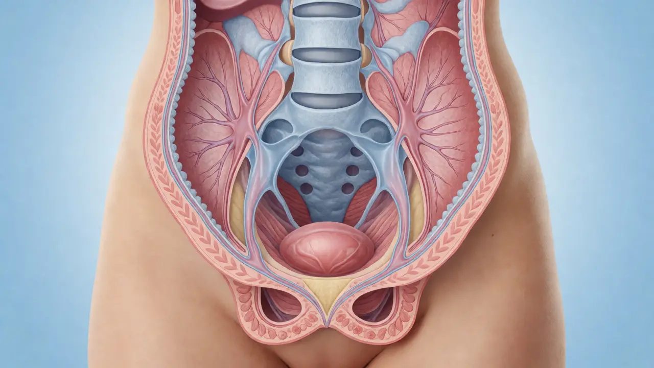 Ilustrace zmenšující se dělohy a pánevního dna po porodu.