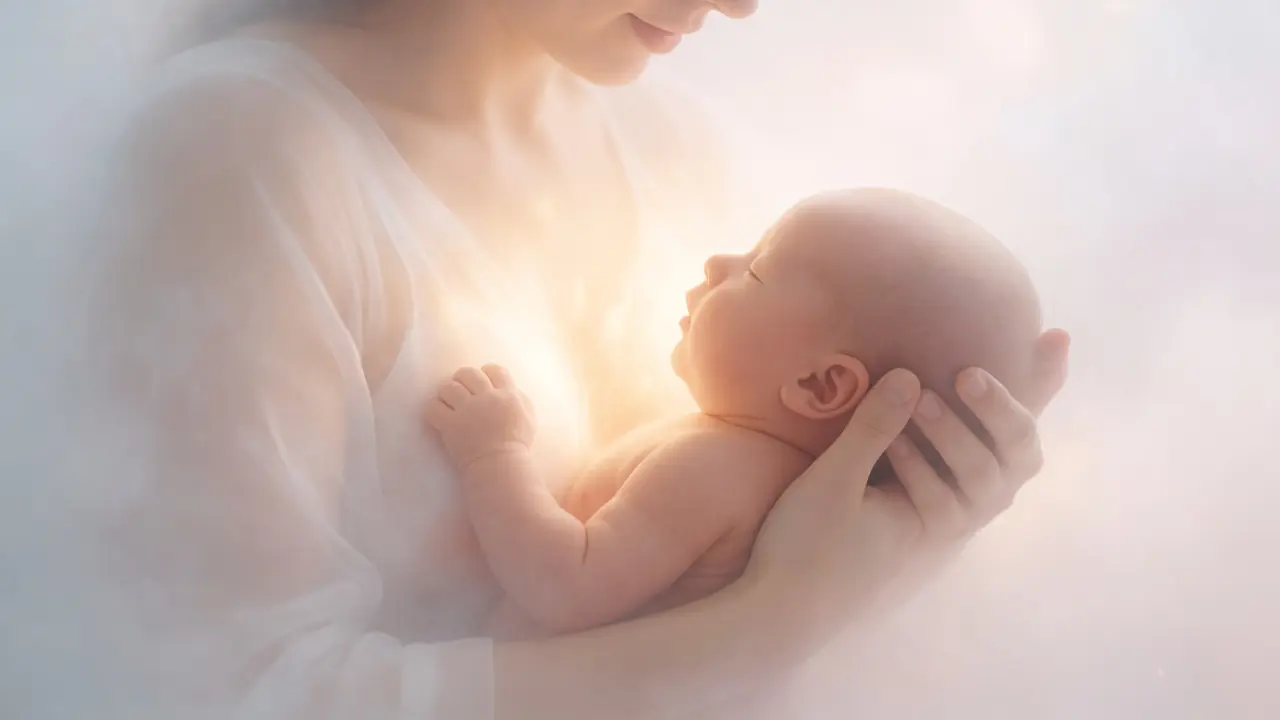 Mother holding newborn baby in a warm, glowing embrace
