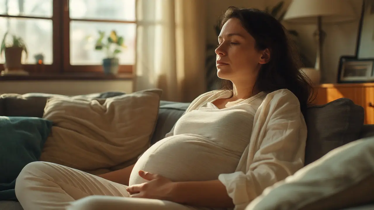 Těhotná žena odpočívá na gauči s rukou na břiše