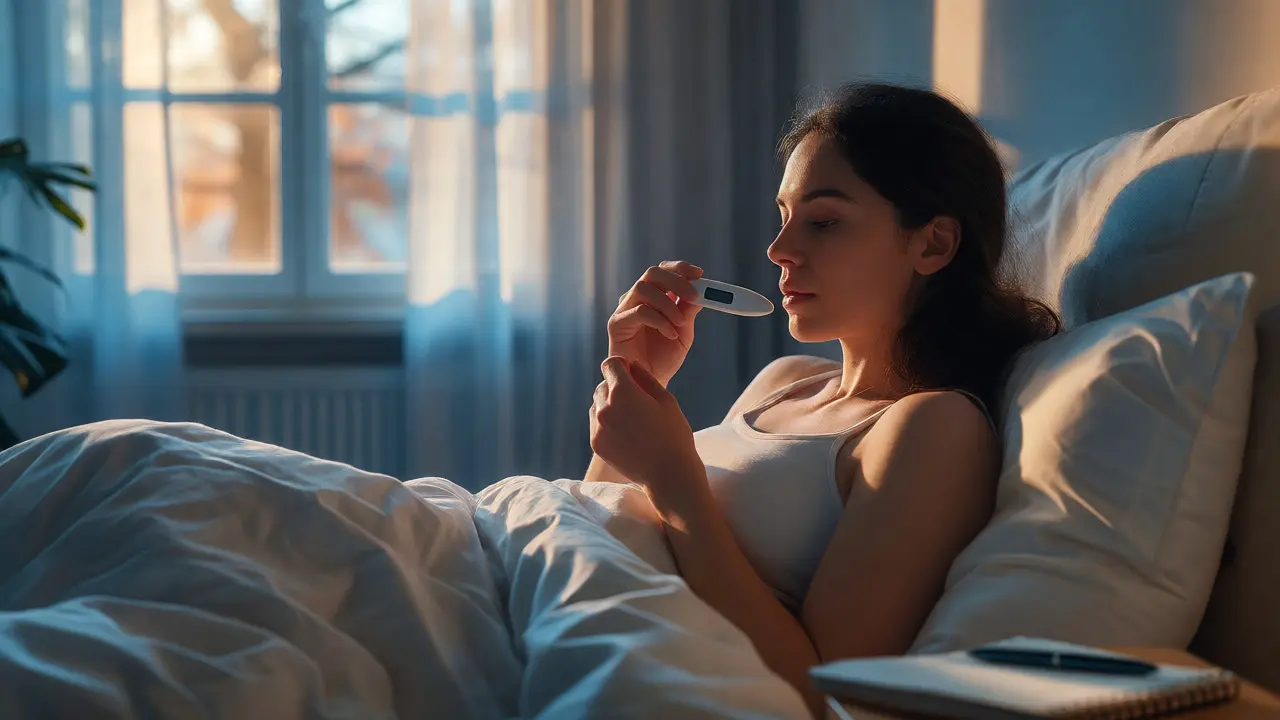 Žena měří bazální teplotu ráno v posteli s deníkem u postele